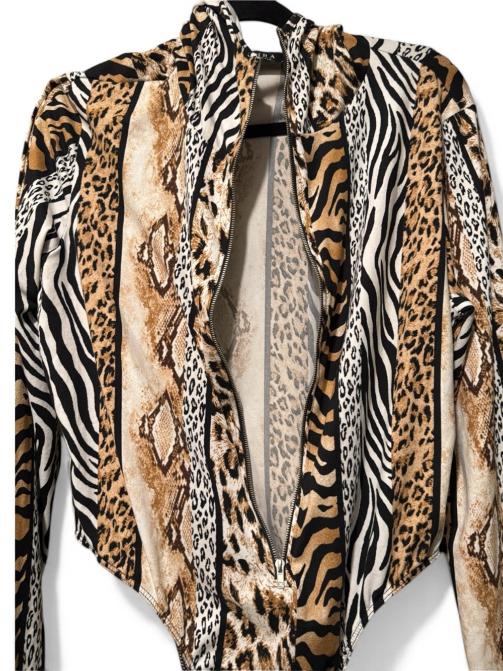 AKIRA Hooded Animal Print Long-Sleeve Bodysuit - Picture 8 of 14